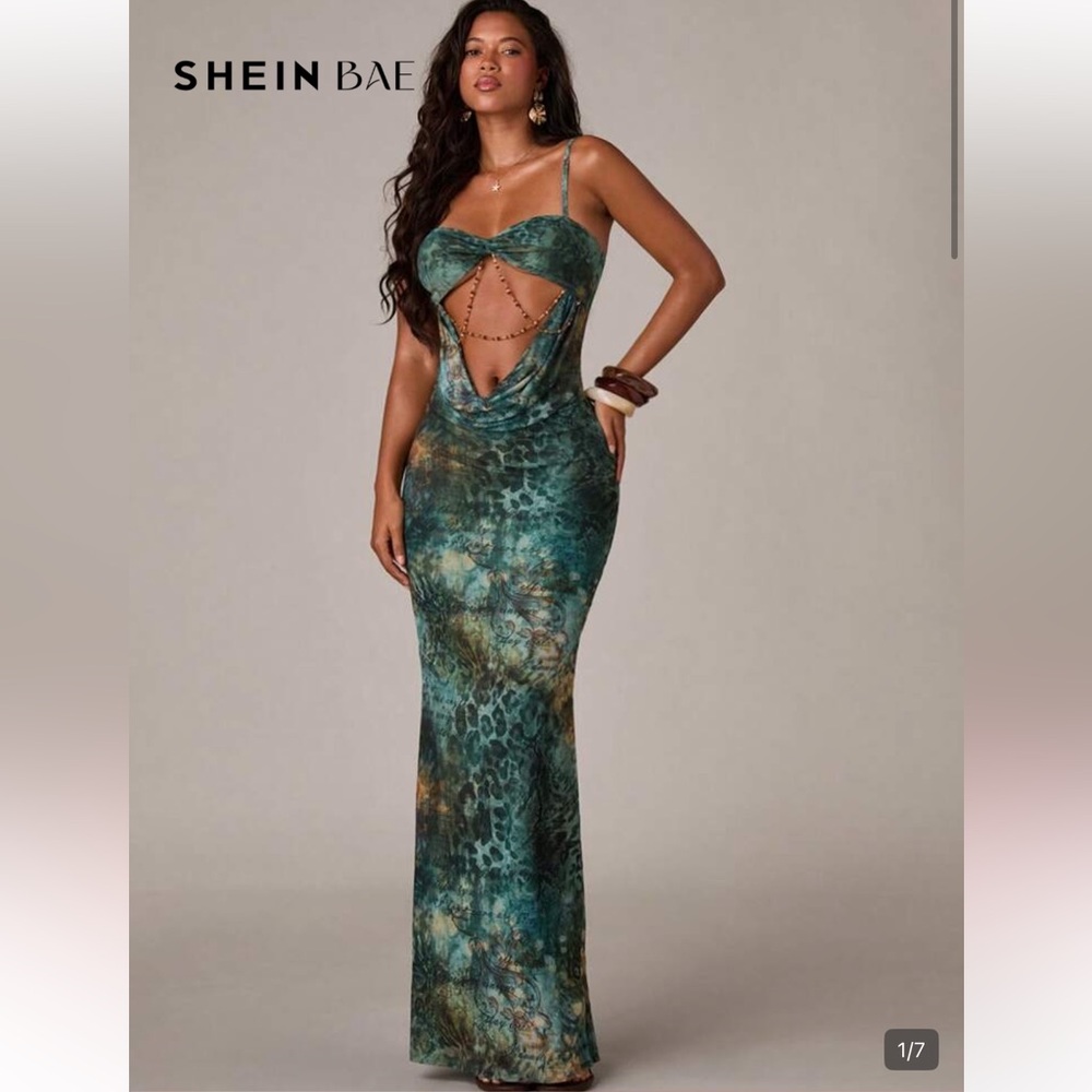 Women’s Teal Green Cutout Maxi Dress With Beading 2